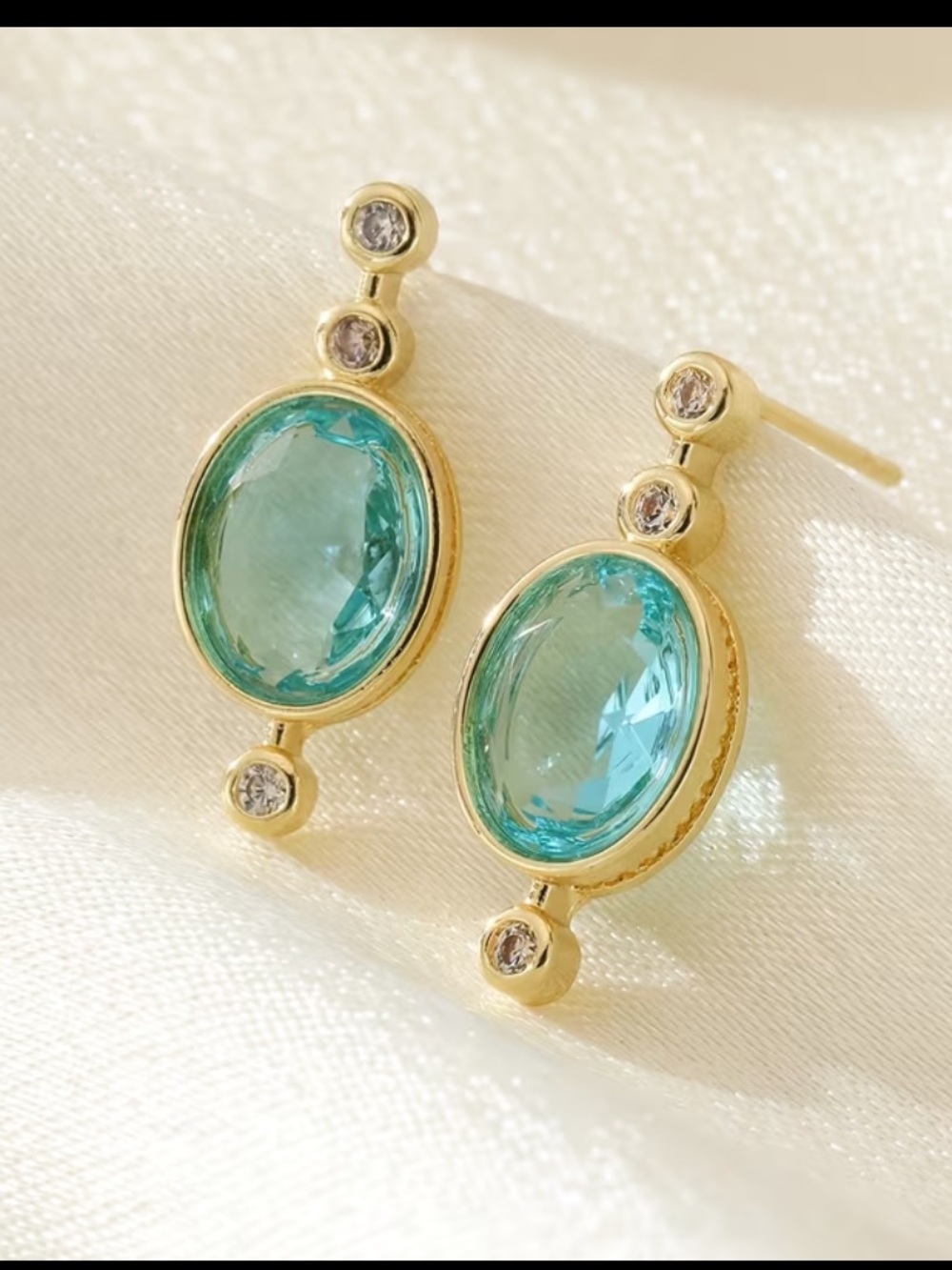 Gold-Plated Aqua Blue Oval Gemstone Drop Earrings - Women Jewelry